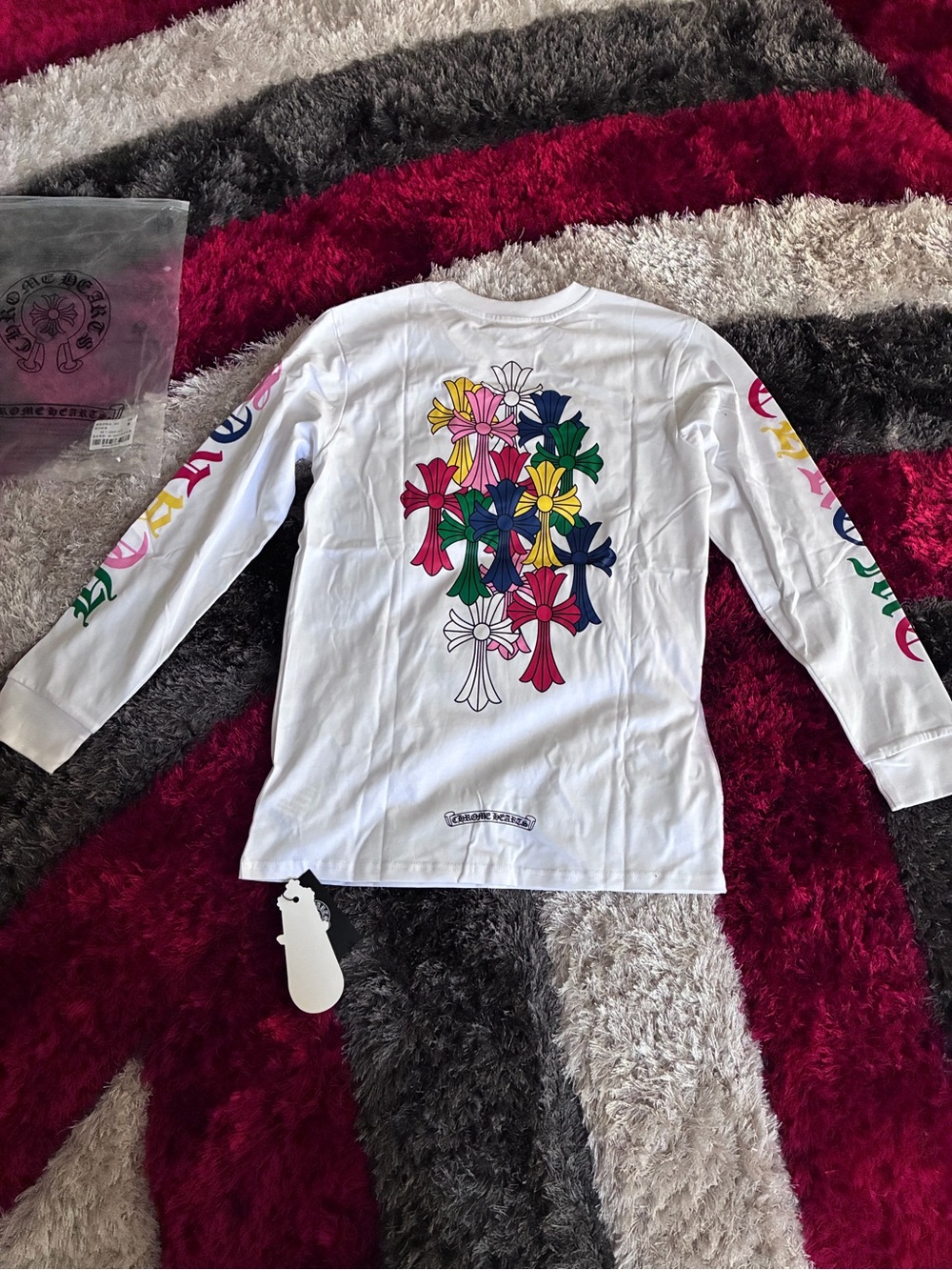 Chrome Hearts White Long Sleeve Tee with Multicolor Cross Flowers